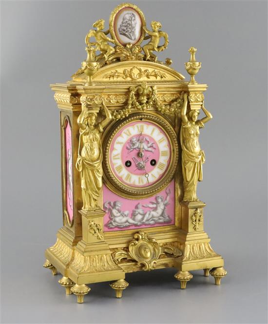 A late 19th century French ormolu and Sevres style porcelain mantel clock, width 8.5in. depth 6in. height 14.25in.